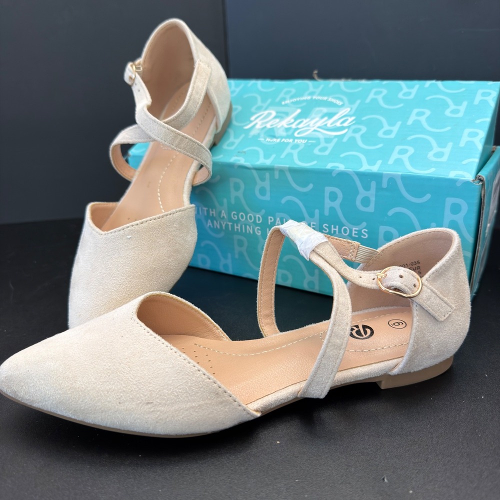 Rekayla Womens Beige Faux Suede Pointed Toe Ankle Strap D'Orsay Flats Fairy